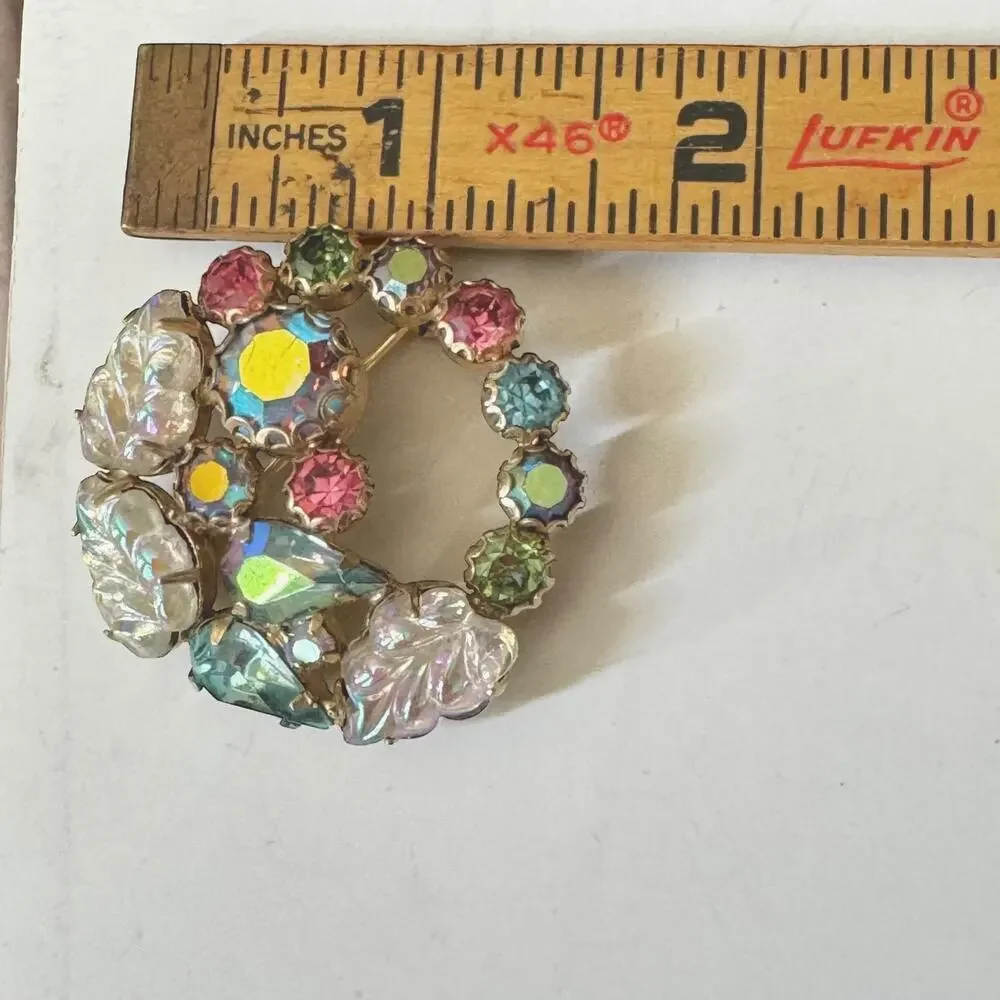 Rudolph Weiss Fruit Salad Glass Leaves AB Rhinestone Gold Wreath Pin Brooch